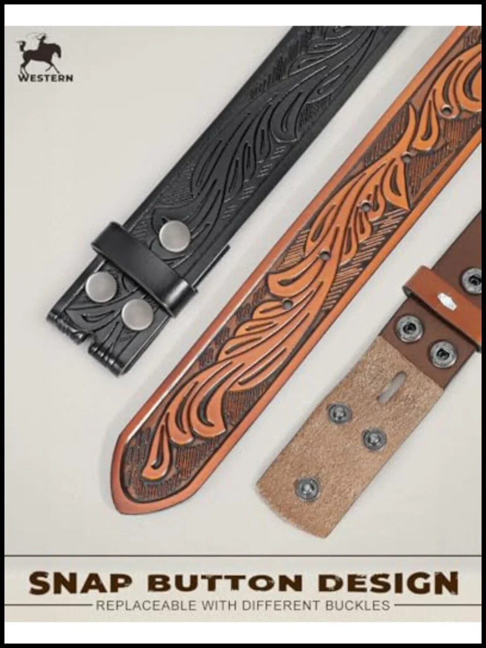 Handmade Western Leather Belt Straps 2 Pack, Embossed Cowboy Cowgirl Belt, No